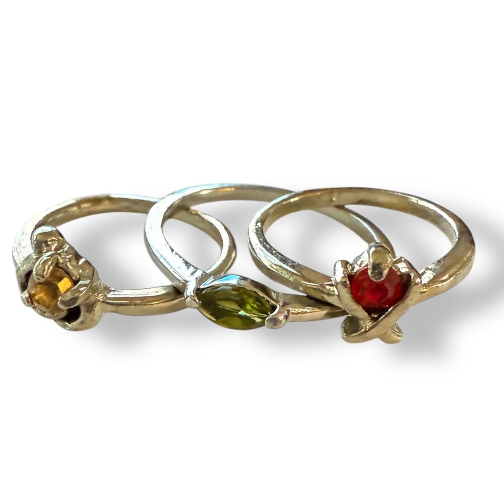 Silver 3 Multi Finger Ring Lot With Gemstones Size 5-9